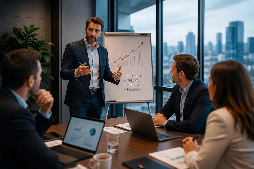Trainer parla ai corsisti durante una sessione di coaching aziendale