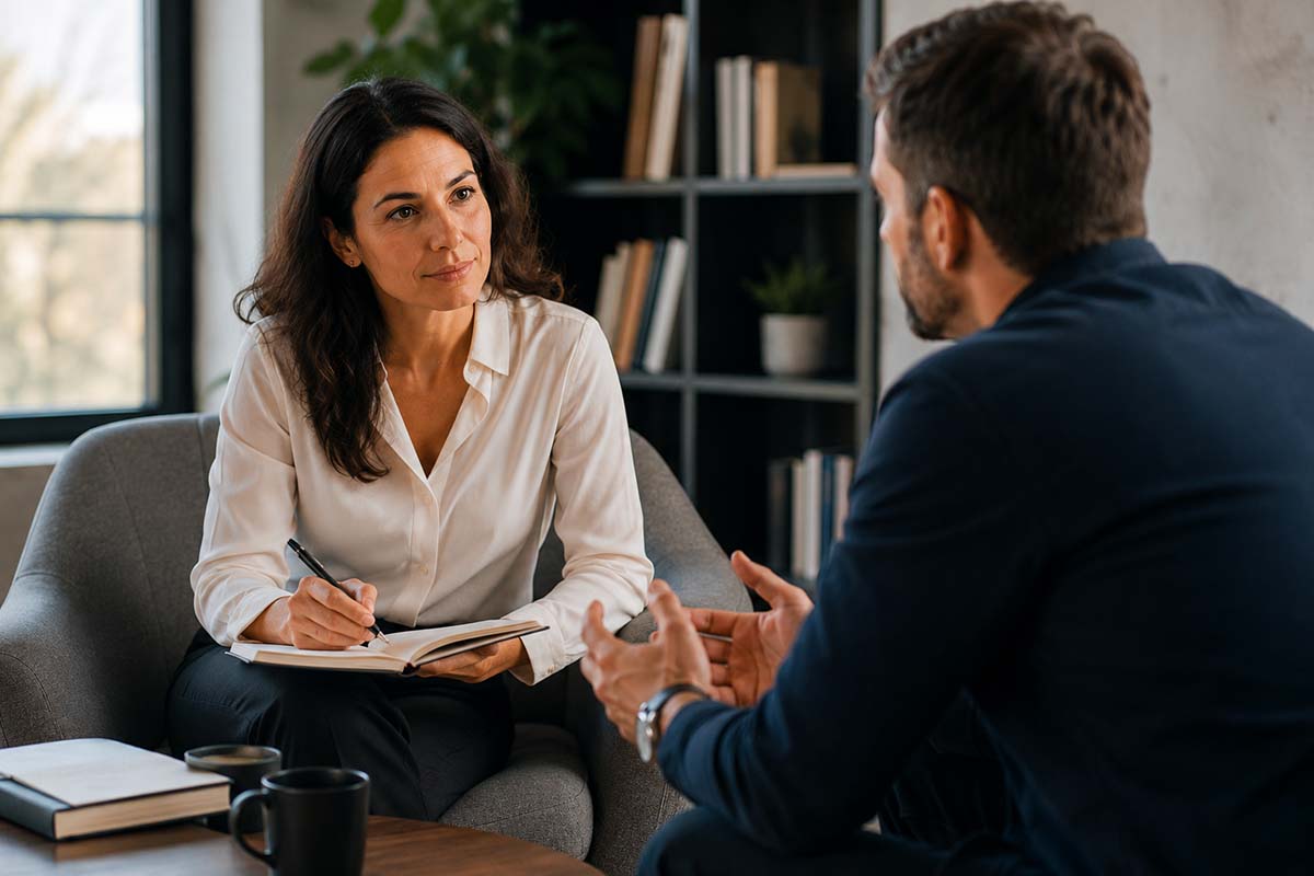 coaching-per-privati Due persone conversano a un tavolo durante una sessione di coaching