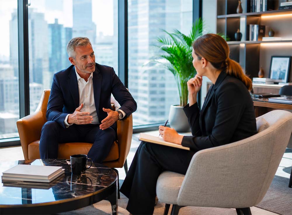 Due persone a colloquio durante una sessione di executive coaching