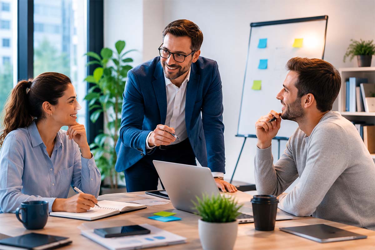 Docente al tavolo con due lavoratori durante una sessione di coaching aziendale