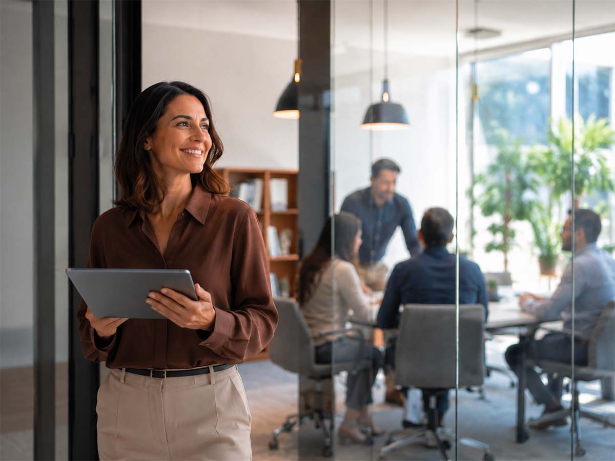 Donna docente di formazione con computer portatile in mano, sullo sfondo dei lavoratori a un tavolo durante un incontro di coaching aziendale