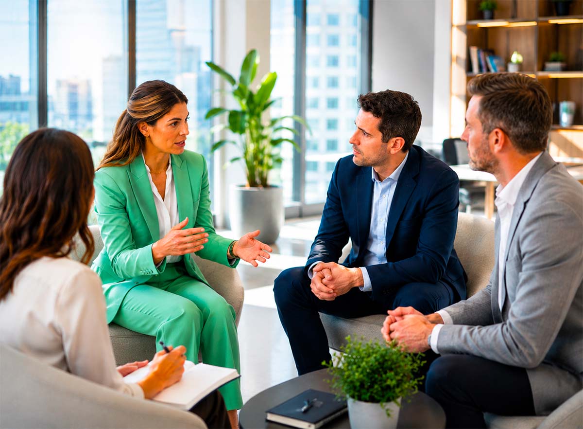 Gruppo di persone che conversa intorno a un tavolo in una sessione di coaching FYM
