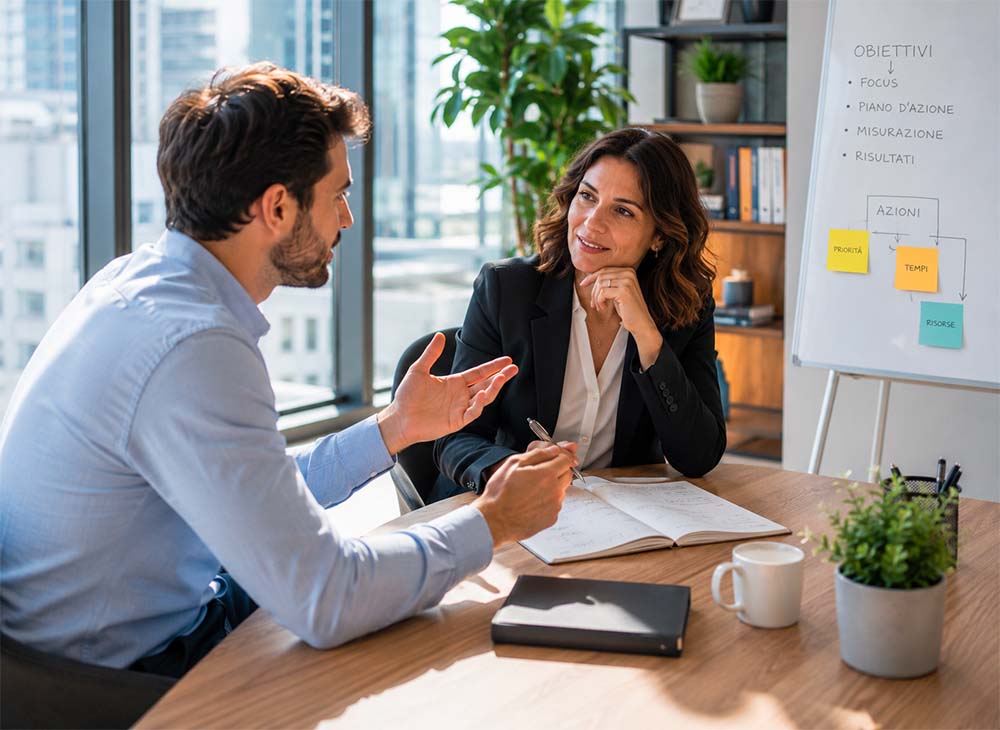 Due persone conversano in una seduta di performance coaching