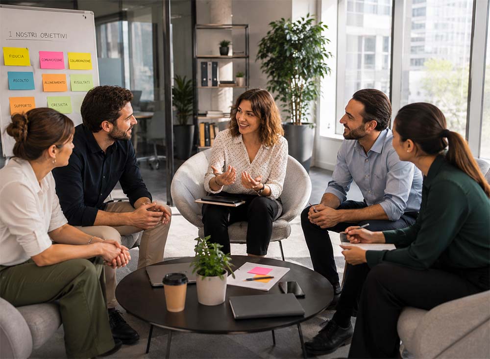 Un gruppo di persone conversa in una seduta di team coaching